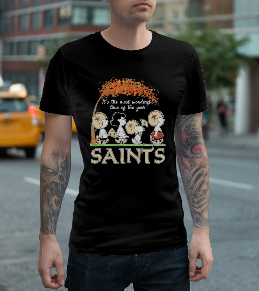 It’s The Most Wonderful Time Of The Year Peanuts Characters New Orleans Saints Football Autumn Leaves T-Shirt