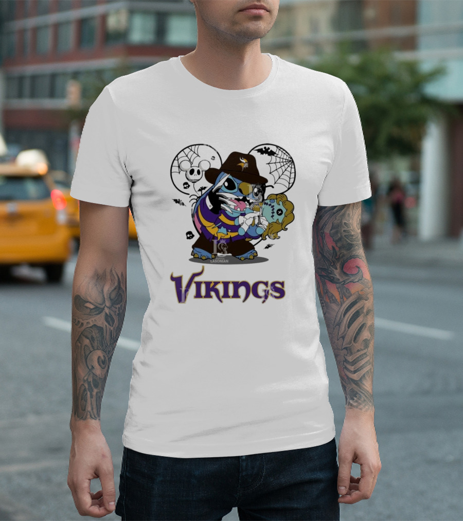 Vikings Stitch Freddy Krueger Halloween Mashup With Webs And Zombie Elements T-Shirt
