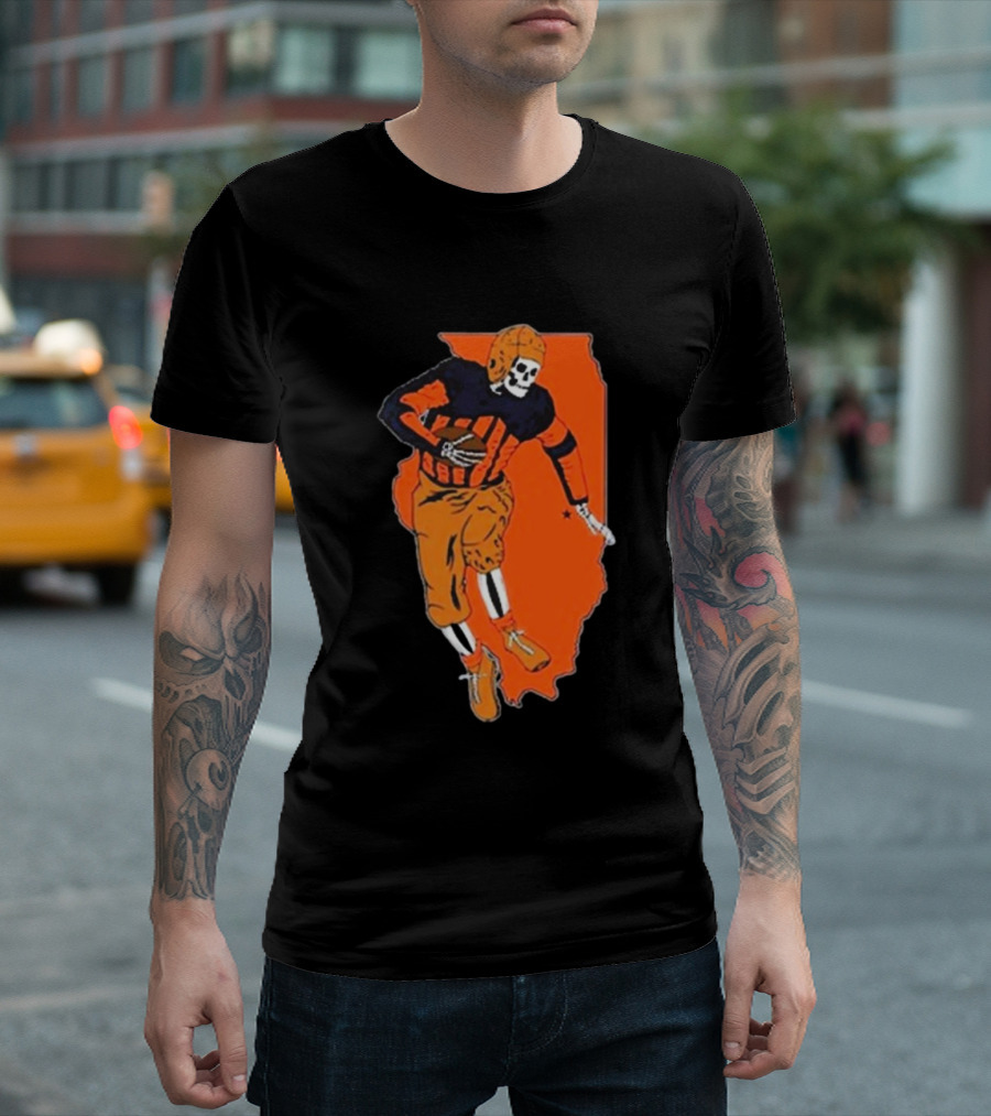 IL Illinois Fighting Illini Football Skeleton Player On Orange State Background T-Shirt