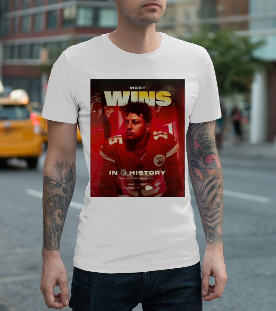 Most Wins in NFL History Through First 100 Starts Patrick Mahomes Kansas City Chiefs T-Shirt