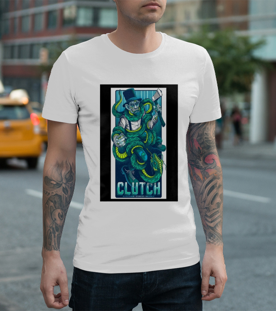 Clutch September 26, 2024 GLC Live At 20 Monroe Grand Rapids MI Tour Special Art Featuring Snake and Top Hat Figure T-Shirt