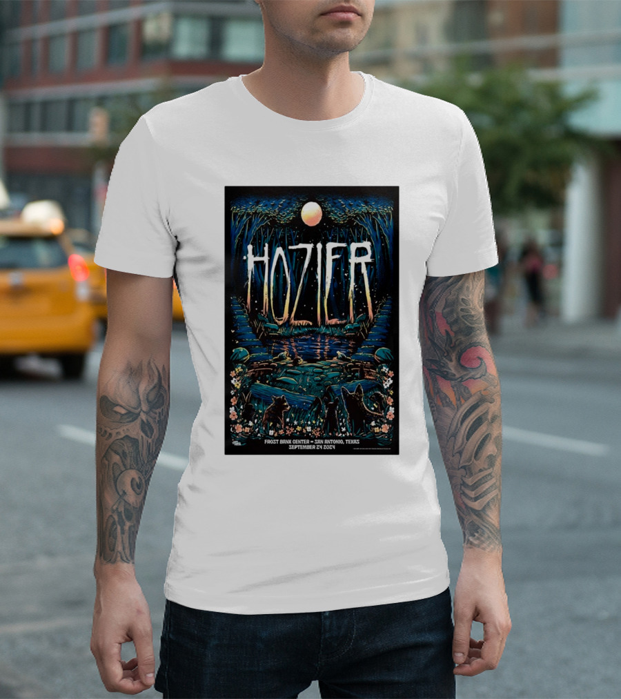 Hozier Live at Frost Bank Center San Antonio Texas September 24 2024 Tour Moonlit Forest Scene T-Shirt