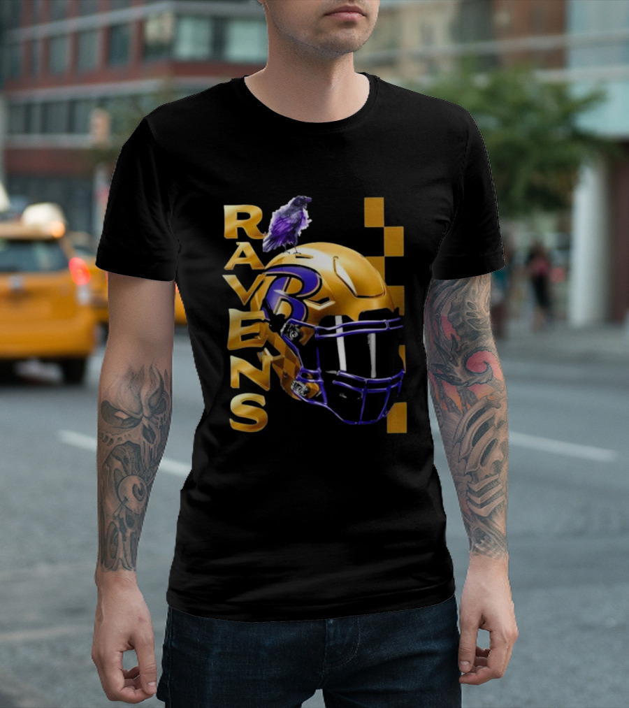 Ravens Gold Helmet with Purple B and Crow T-Shirt