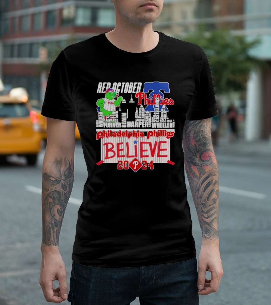 Red October Philadelphia Phillies Believe Phanatic 2024 Harper Wheeler Stadium Skyline T-Shirt