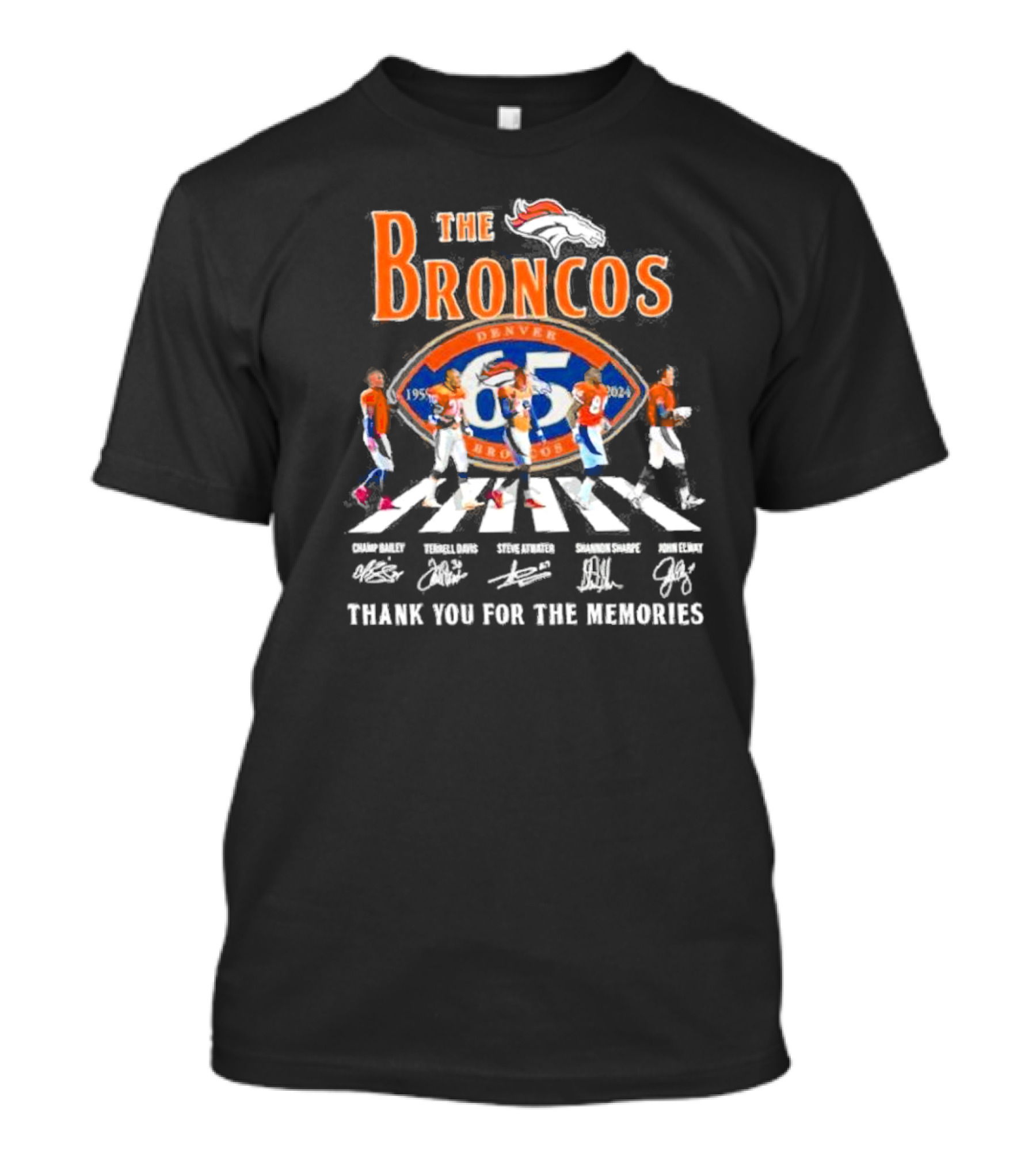 The Broncos Denver 65th Anniversary Abbey Road Thank You For The Memories Champ Bailey Terrell Davis Steve Atwater Shannon Sharpe John Elway T-Shirt