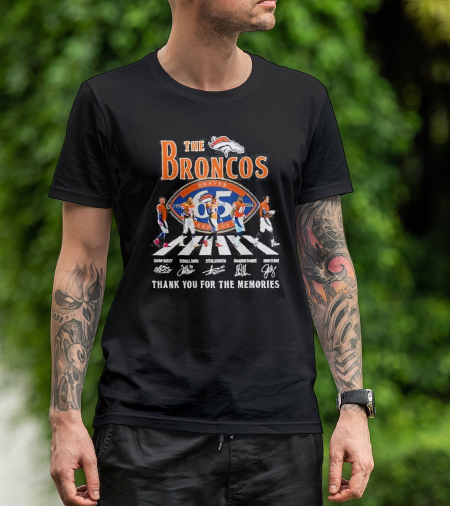 The Broncos Denver 65th Anniversary Abbey Road Thank You For The Memories Champ Bailey Terrell Davis Steve Atwater Shannon Sharpe John Elway T-Shirt