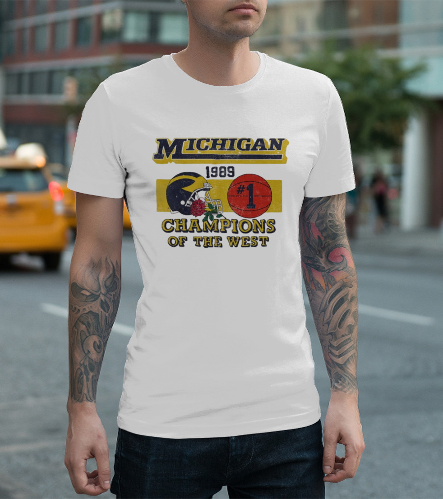 Michigan Wolverines 1989 Champions Of The West #1 Vintage Football And Basketball T-Shirt