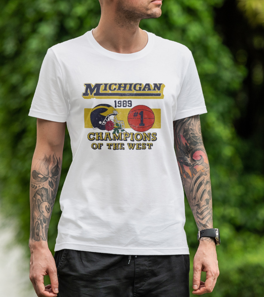 Michigan Wolverines 1989 Champions Of The West #1 Vintage Football And Basketball T-Shirt