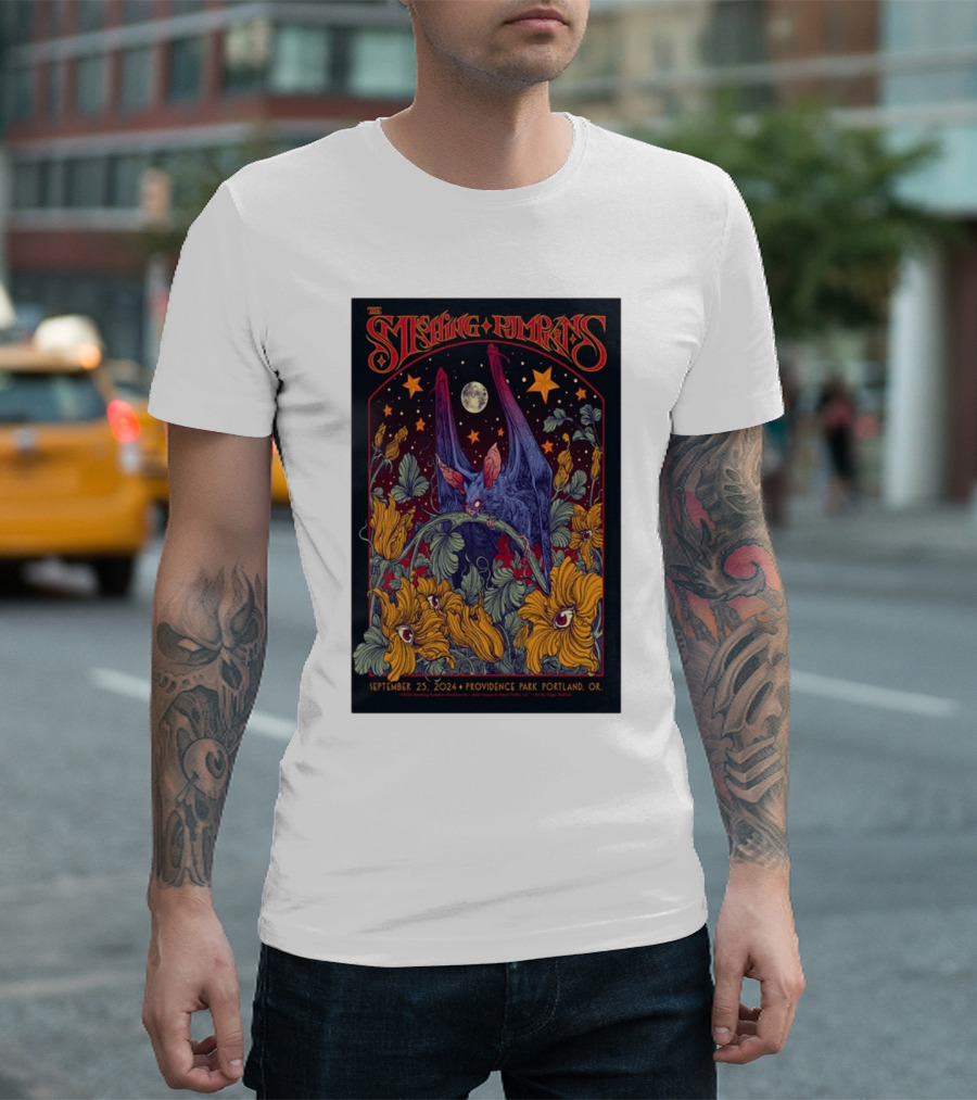 The Smashing Pumpkins September 25, 2024 Providence Park Portland OR Tour Night Sky Floral Bat T-Shirt