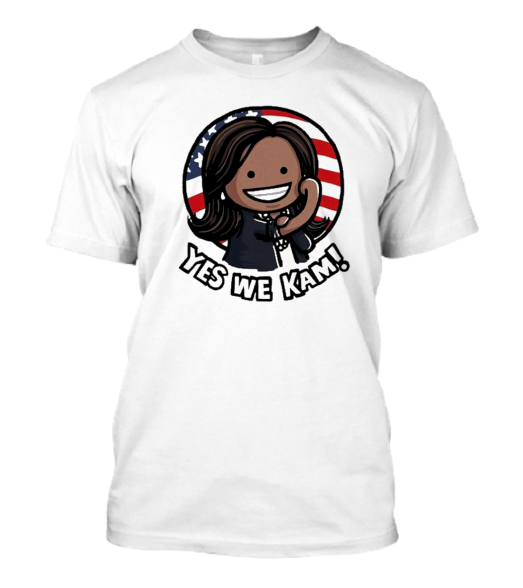 Yes We Kam Kamala Harris Cartoon American Flag Background T-Shirt