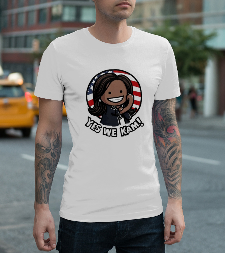 Yes We Kam Kamala Harris Cartoon American Flag Background T-Shirt