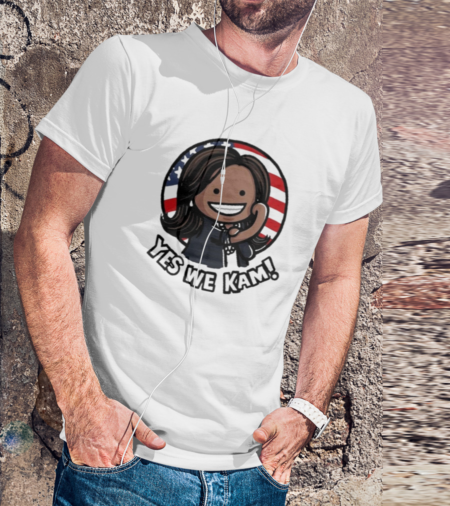 Yes We Kam Kamala Harris Cartoon American Flag Background T-Shirt