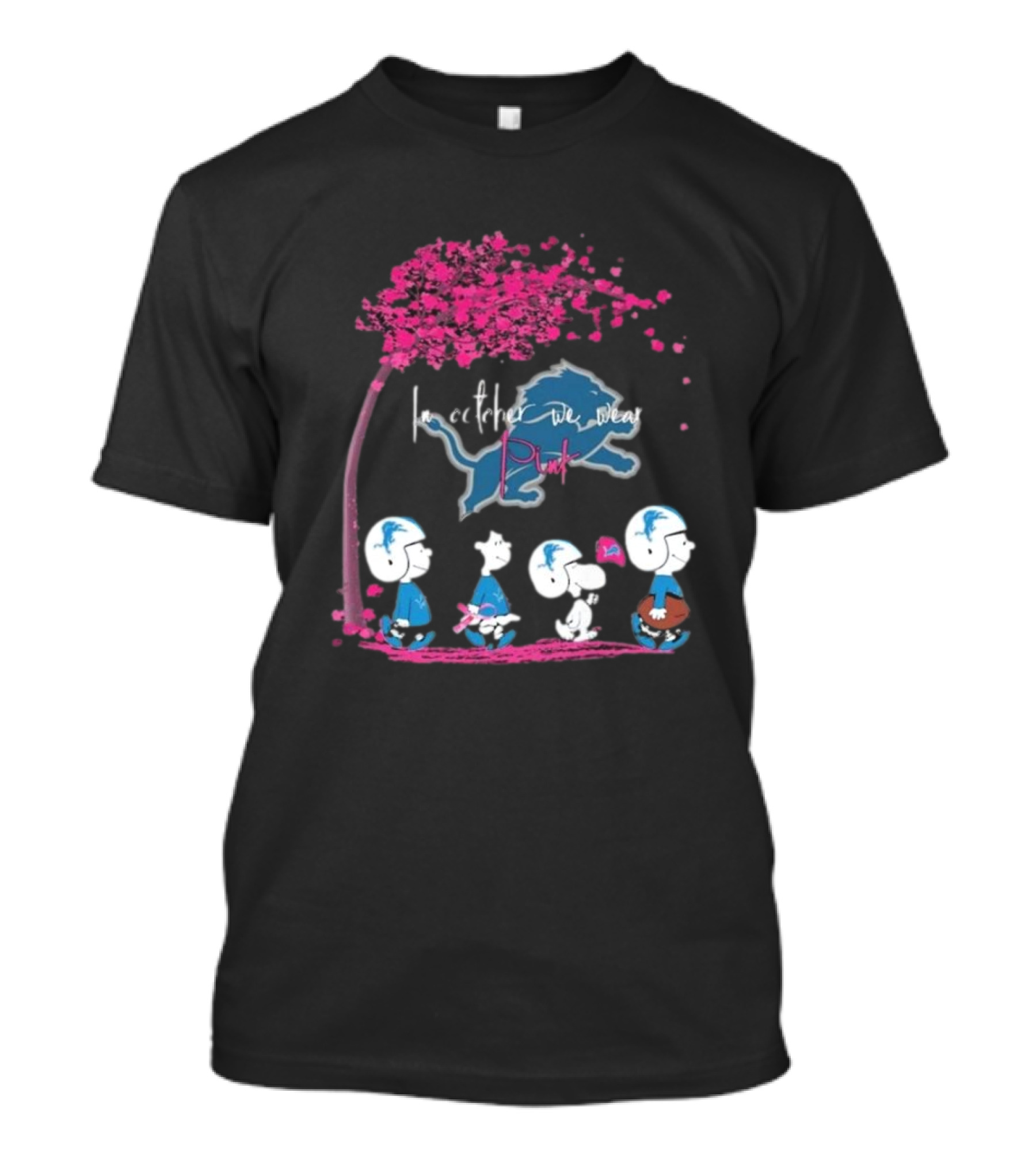 Peanuts Characters Detroit Lions In October We Wear Pink 2024 NFL Collaboration T-Shirt