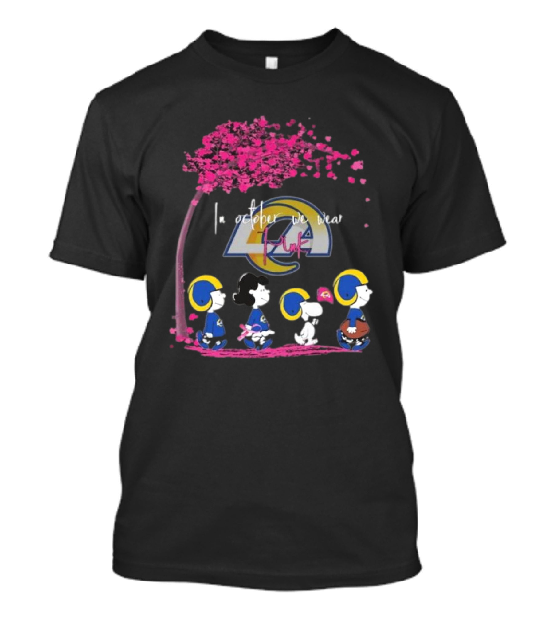 Peanuts Characters Los Angeles Rams In October We Wear Pink 2024 Under Cherry Blossom Tree T-Shirt