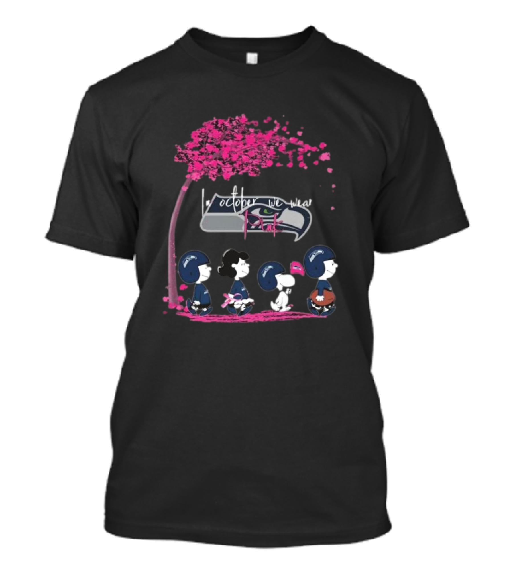 Peanuts Characters Seattle Seahawks In October We Wear Pink T-Shirt