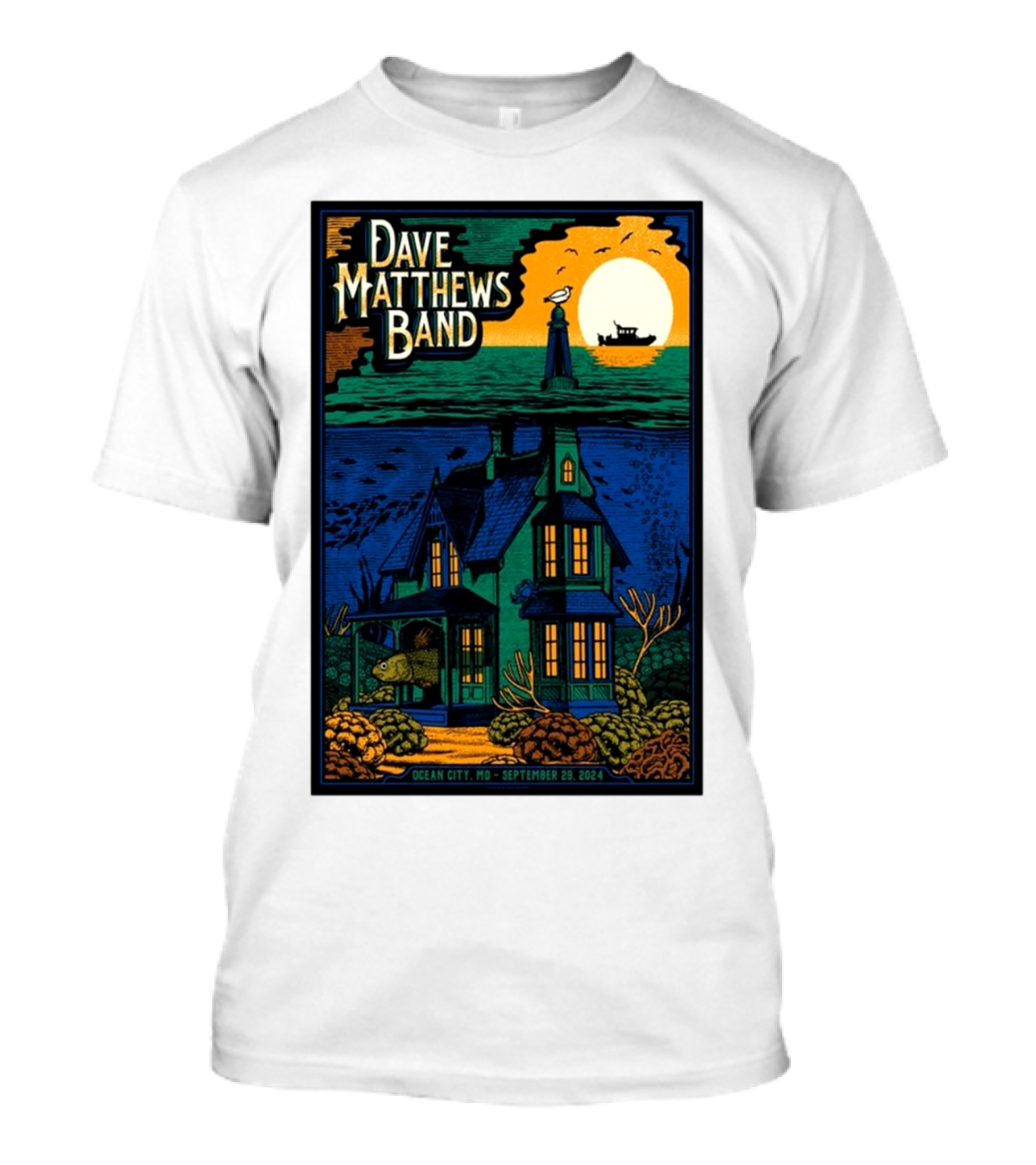 Dave Matthews Band Ocean City MD September 29 2024 Festival Poster House Lighthouse Ship T-Shirt