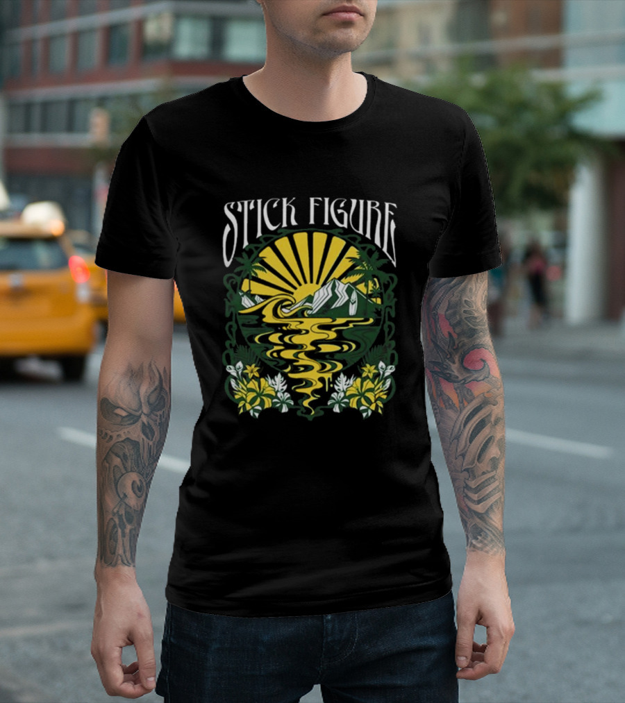 Stick Figure Run Run River Event Island Sun And Palm Trees T-Shirt