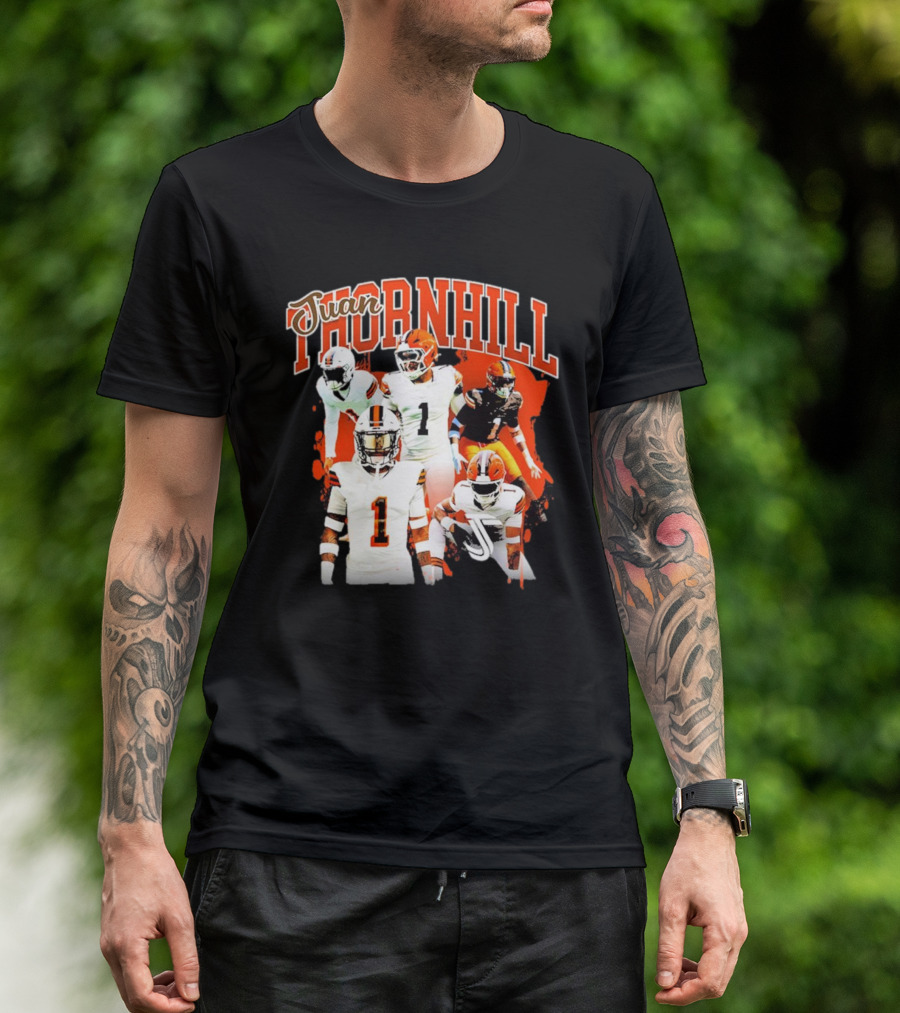 Juan Thornhill Football Player Orange And Black Action Collage T-Shirt
