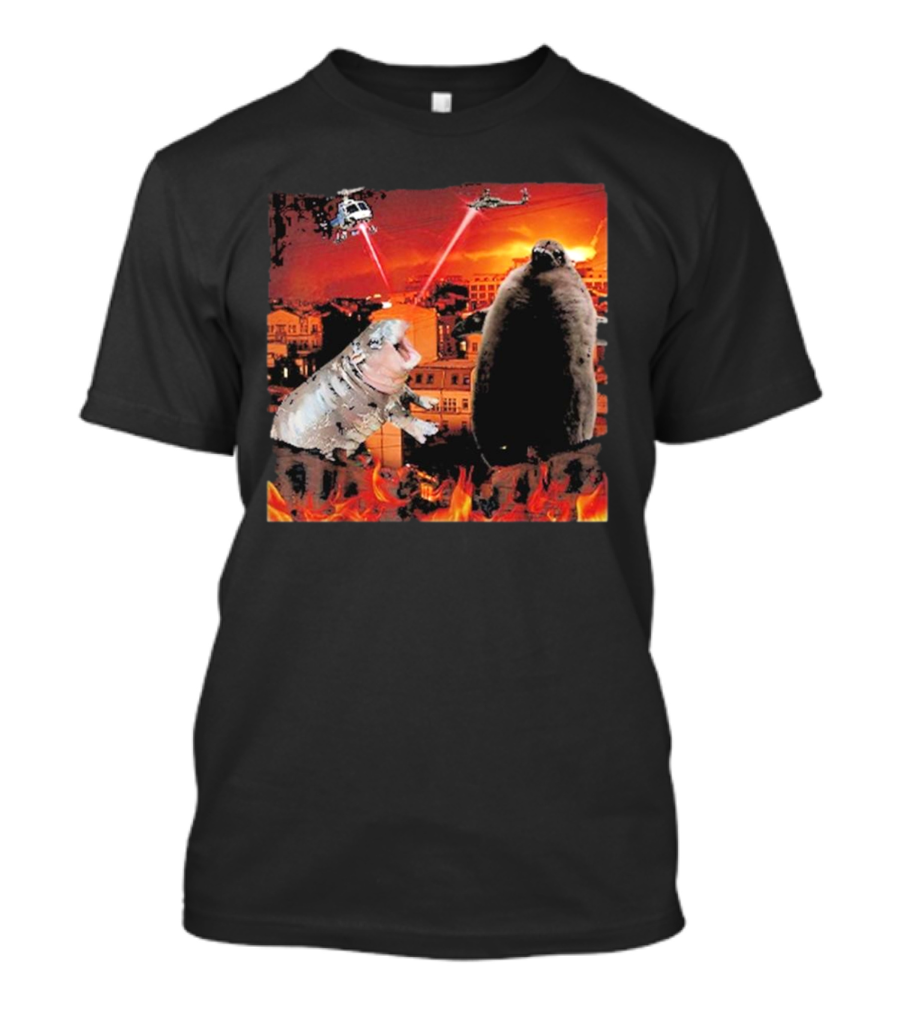 Moo Deng Pesto Helicopter Laser Battle Destroy City Fire Scene T-Shirt