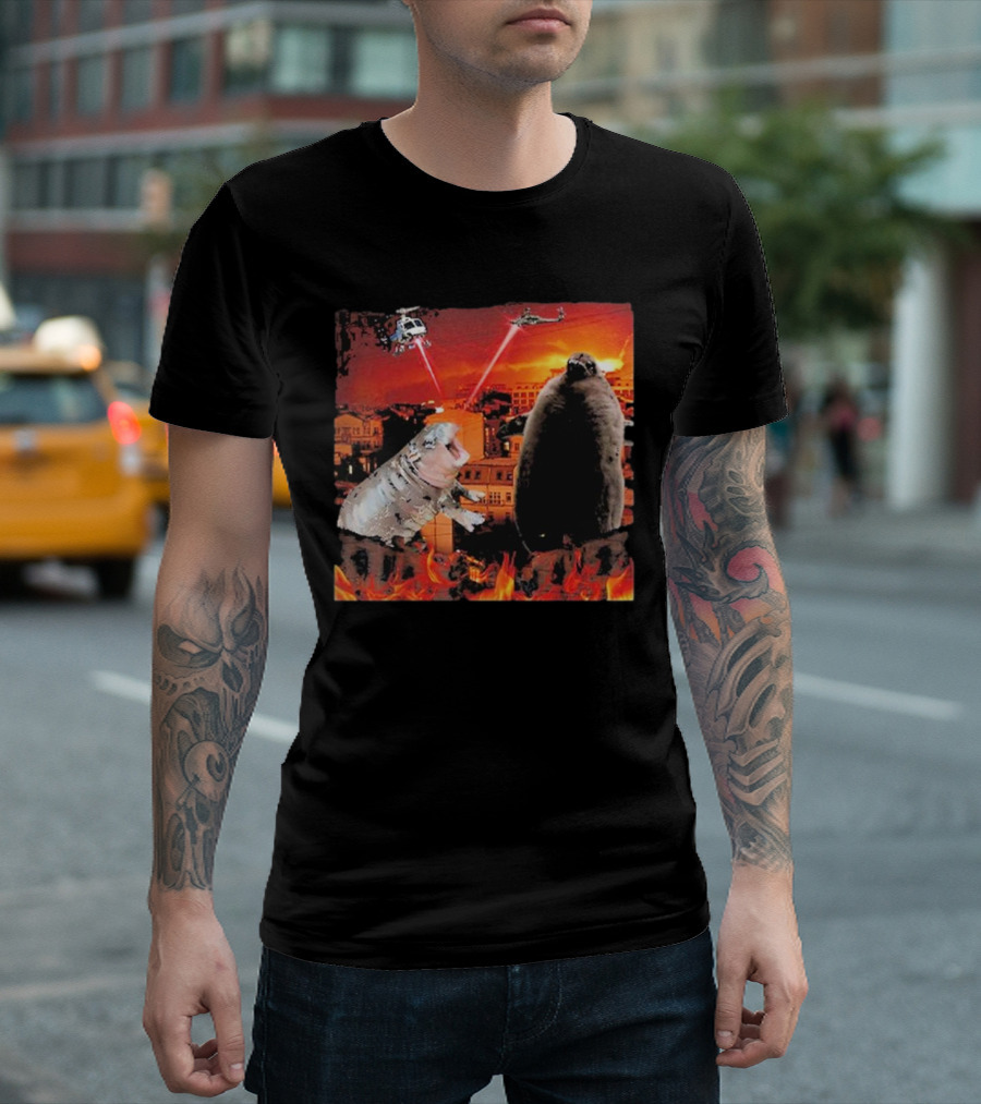 Moo Deng Pesto Helicopter Laser Battle Destroy City Fire Scene T-Shirt