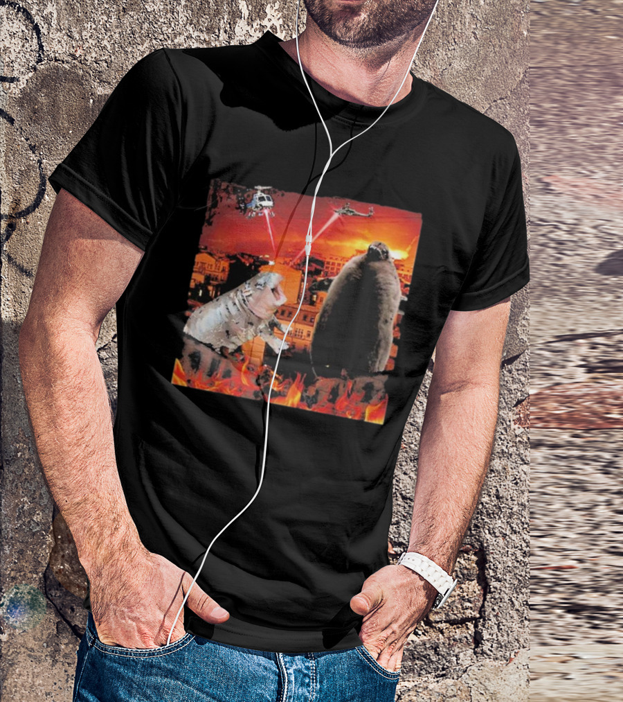 Moo Deng Pesto Helicopter Laser Battle Destroy City Fire Scene T-Shirt