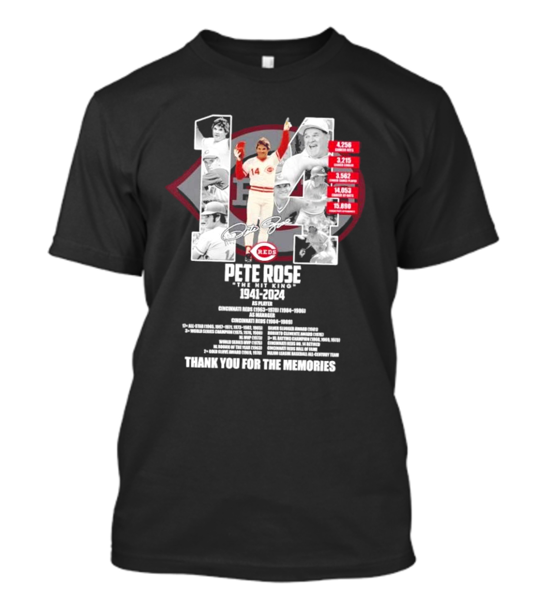 Pete Rose Cincinnati Reds The Hit King 1941-2024 Thank You For The Memories Signature Highlights T-Shirt
