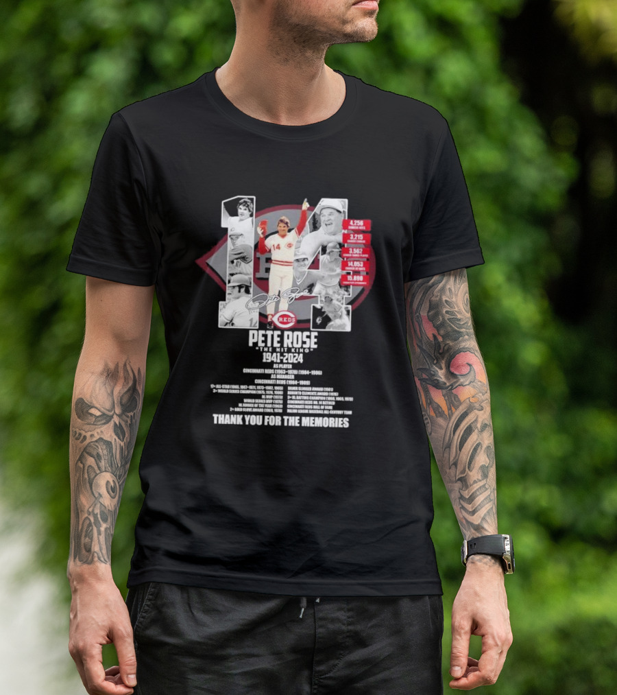 Pete Rose Cincinnati Reds The Hit King 1941-2024 Thank You For The Memories Signature Highlights T-Shirt