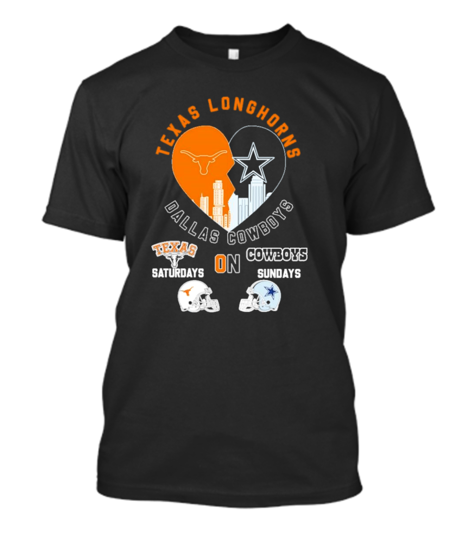 Texas Longhorns Dallas Cowboys Heart Skyline Saturdays Sundays Football Helmets T-Shirt