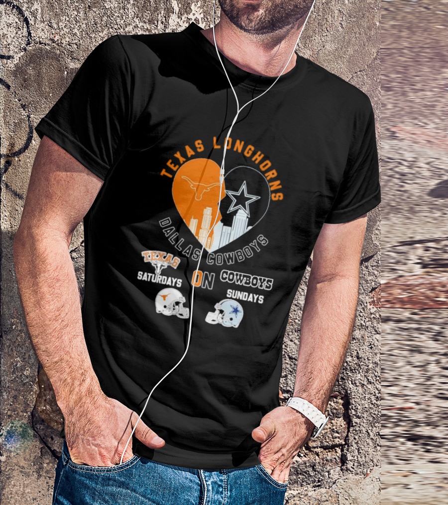 Texas Longhorns Dallas Cowboys Heart Skyline Saturdays Sundays Football Helmets T-Shirt