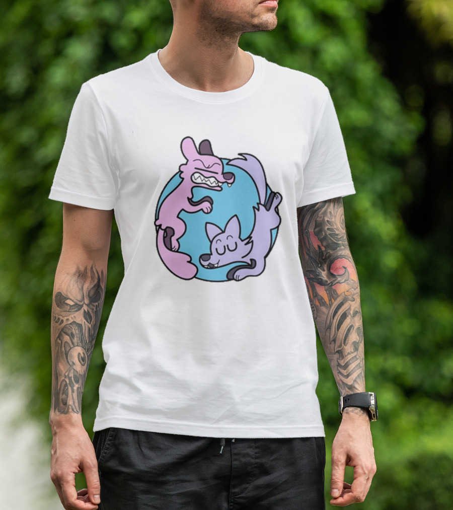 Yin Yang Cartoon Wolves Colorful Art By Ac Stuart T-Shirt