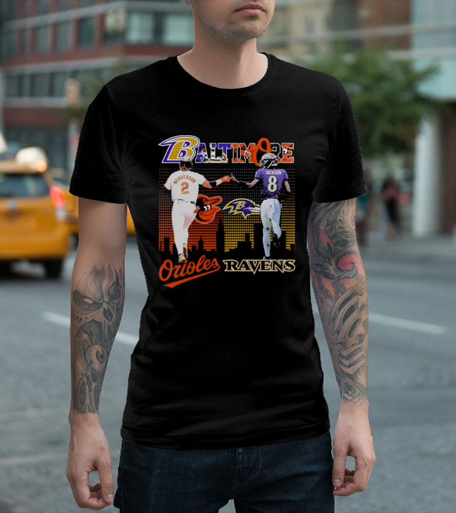 Baltimore Orioles Gunnar Henderson Baltimore Ravens Lamar Jackson City Skyline T-Shirt