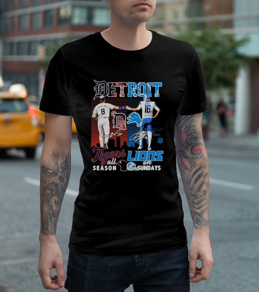 Detroit Tigers All Season X Detroit Lions On Sundays Detroit Tigers Lions Logos Sports Icons Collaboration T-Shirt