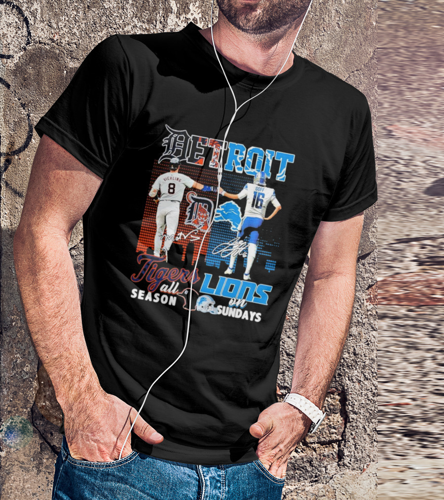 Detroit Tigers All Season X Detroit Lions On Sundays Detroit Tigers Lions Logos Sports Icons Collaboration T-Shirt