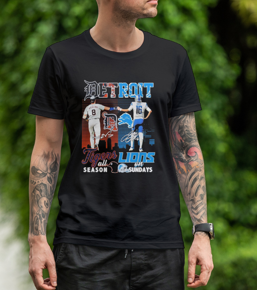 Detroit Tigers All Season X Detroit Lions On Sundays Detroit Tigers Lions Logos Sports Icons Collaboration T-Shirt