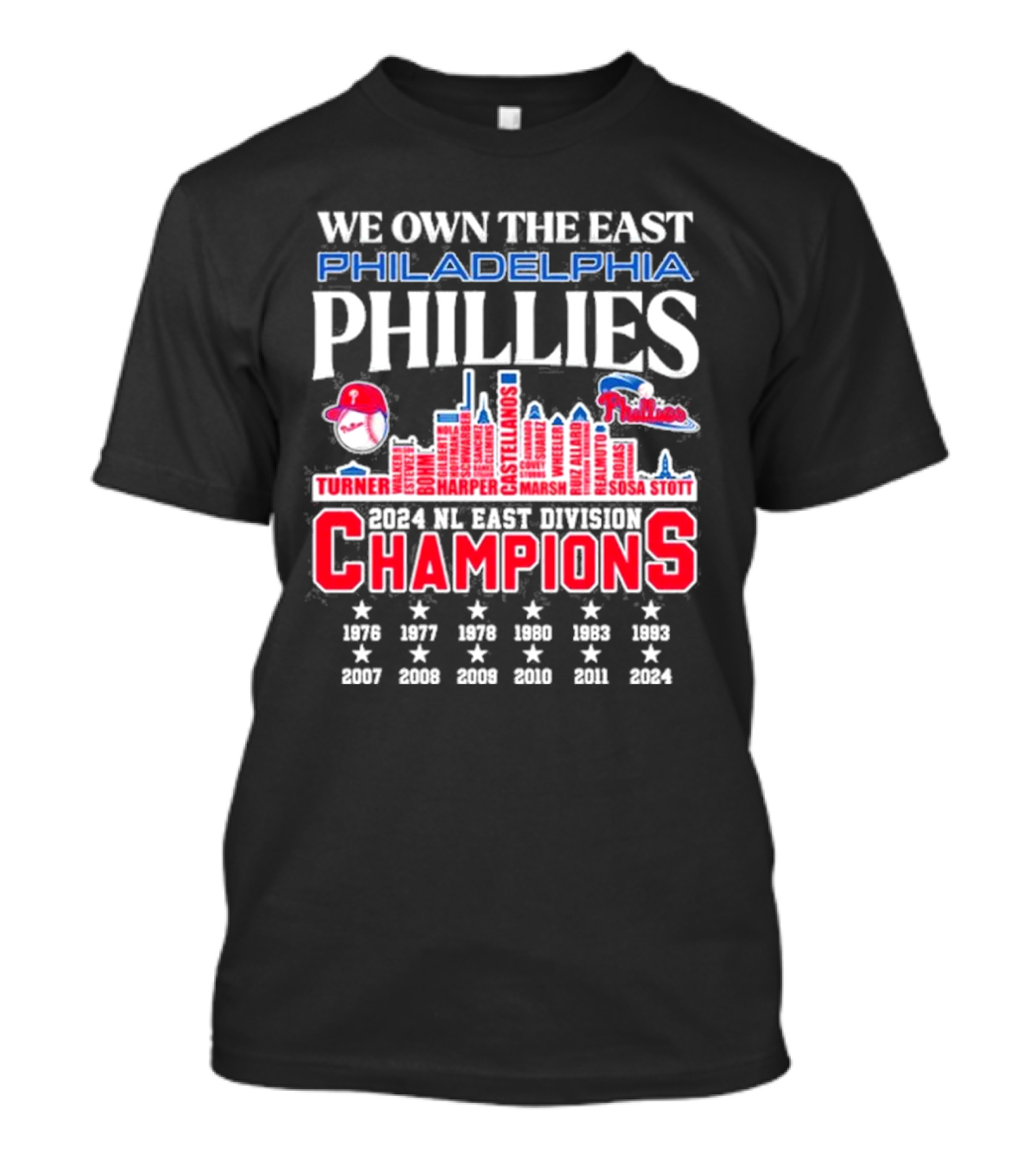 We Own The East Philadelphia Phillies 2024 NL East Division Champions Turner Harper Castellanos Marsh Stott Sosa T-Shirt