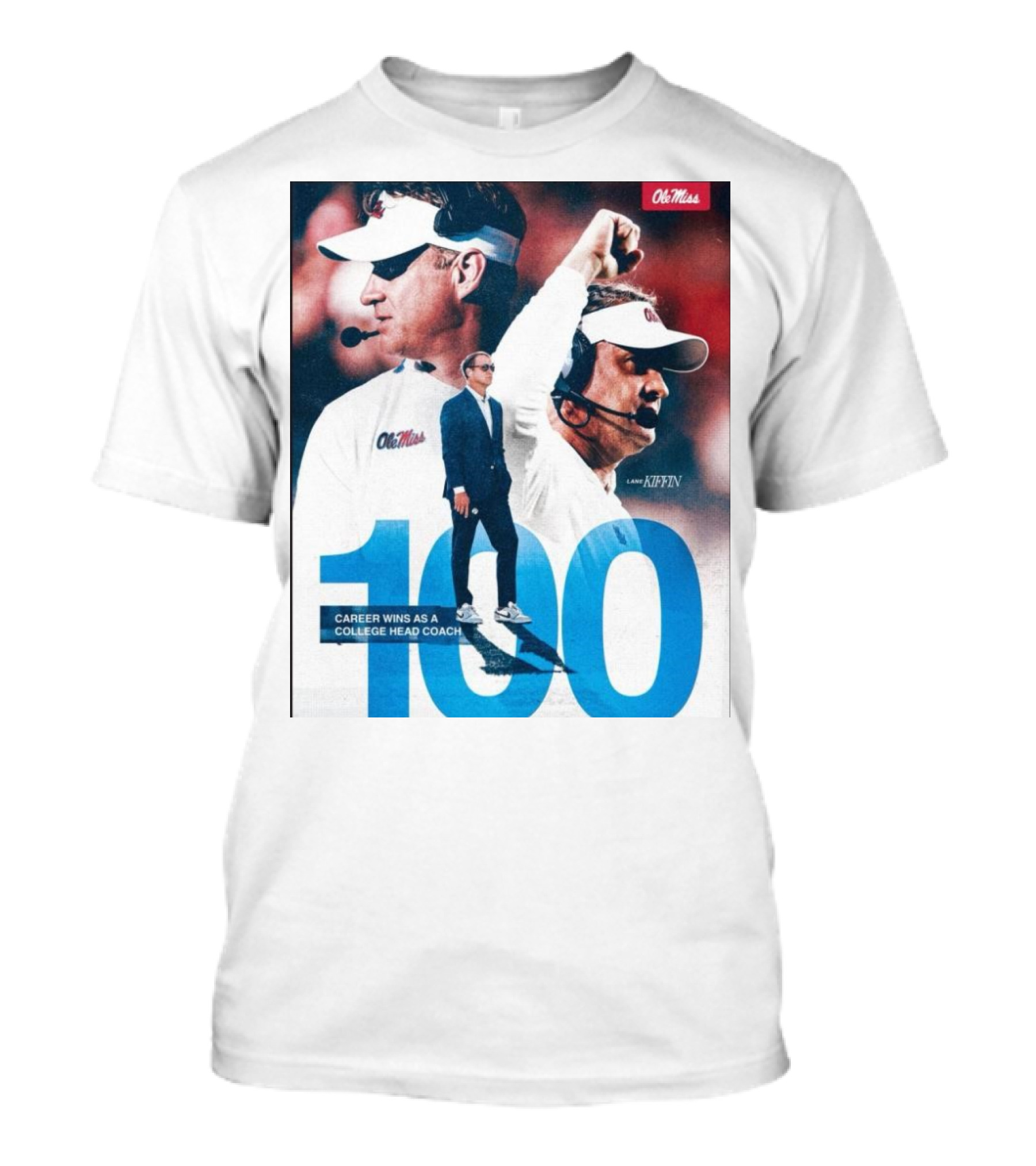 Ole Miss Rebels Lane Kiffin 100 Career Wins College Head Coach T-Shirt