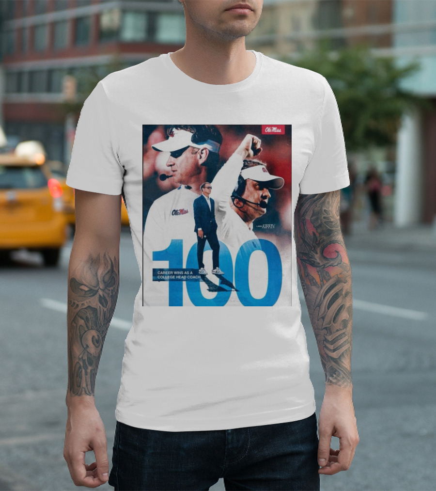 Ole Miss Rebels Lane Kiffin 100 Career Wins College Head Coach T-Shirt