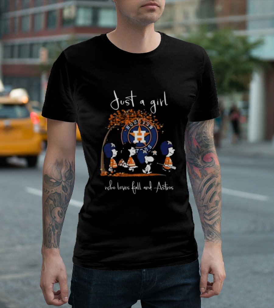 Just A Girl Who Loves Fall And Houston Astros With Peanuts Characters T-Shirt