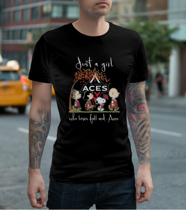 Just A Girl Who Loves Fall And Las Vegas Aces With Peanuts Characters T-Shirt