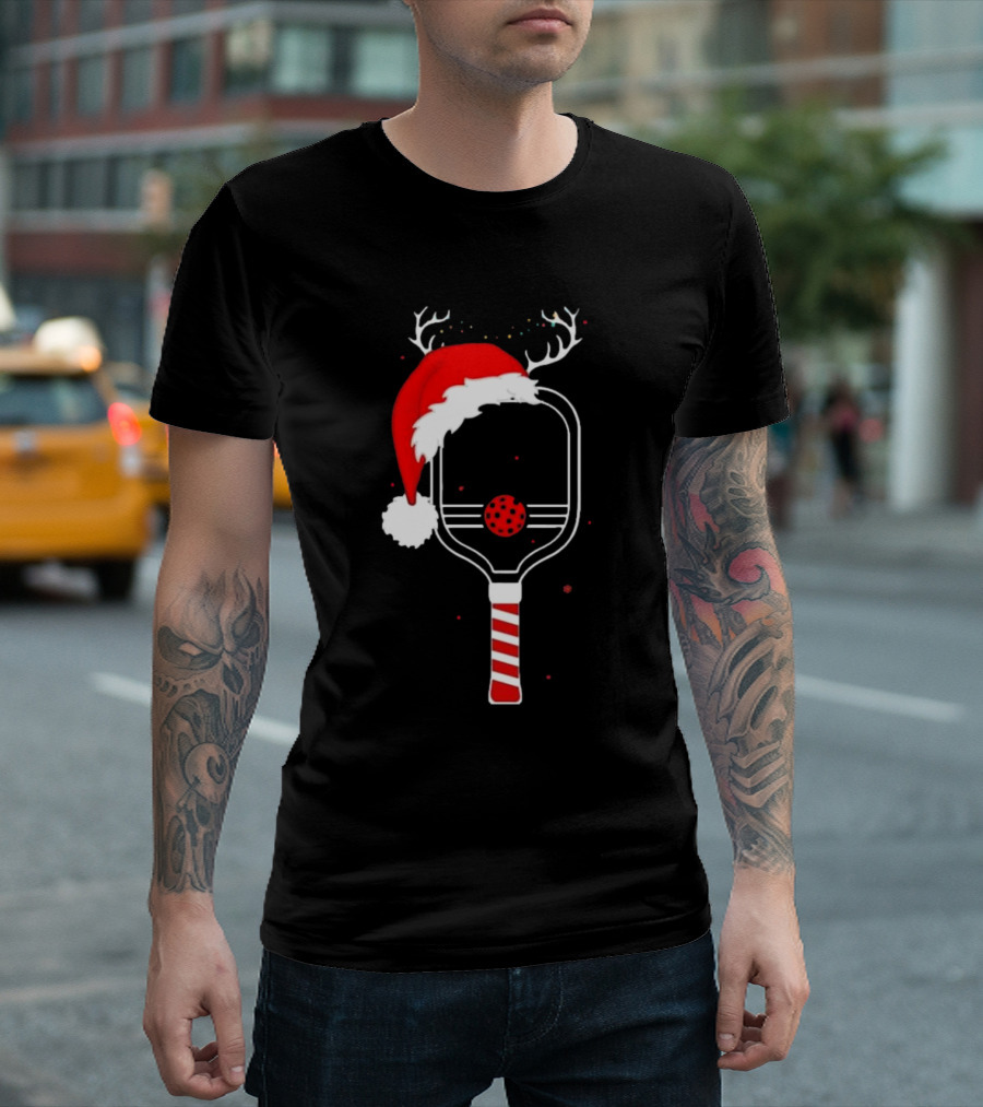 Pickleball Holiday Reindeer Santa Hat Christmas Paddle T-Shirt