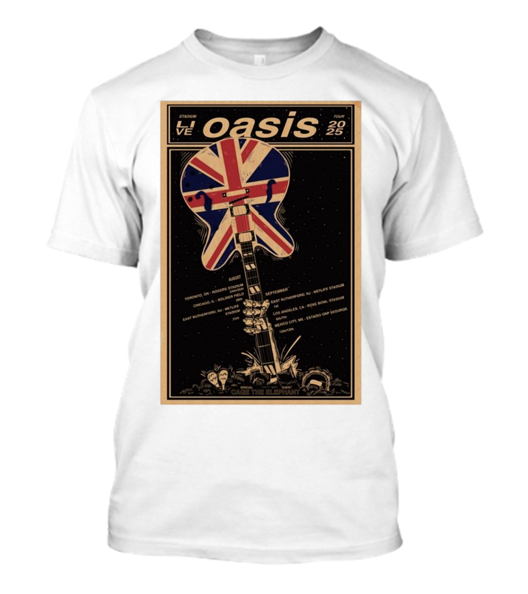 Oasis Live 2025 Toronto Rogers August 24-25 Union Jack Guitar Vintage Style Stadium Tour T-Shirt