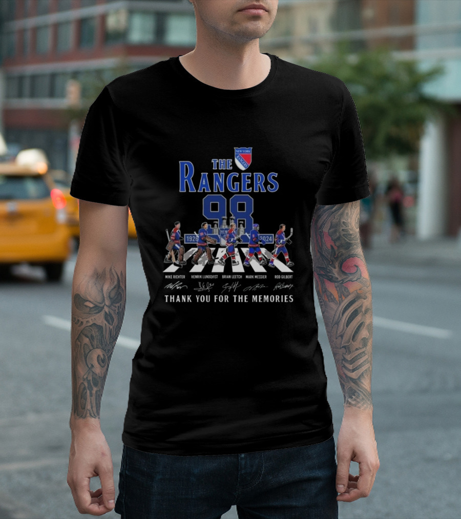 The Rangers 98 New York 1926-2024 Thank You For The Memories Abbey Road Mike Richter Henrik Lundqvist Brian Leetch Mark Messier Rod Gilbert T-Shirt