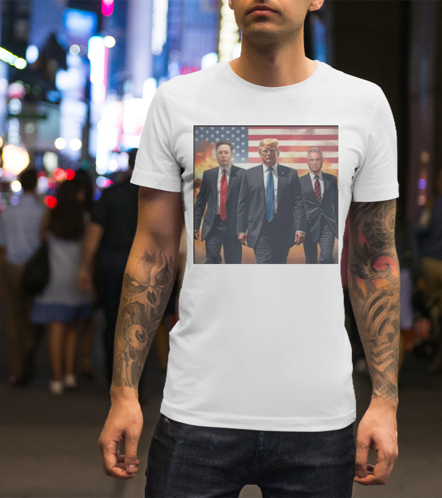 Trump Elon RFK 2024 American Flag With Dramatic Background T-Shirt