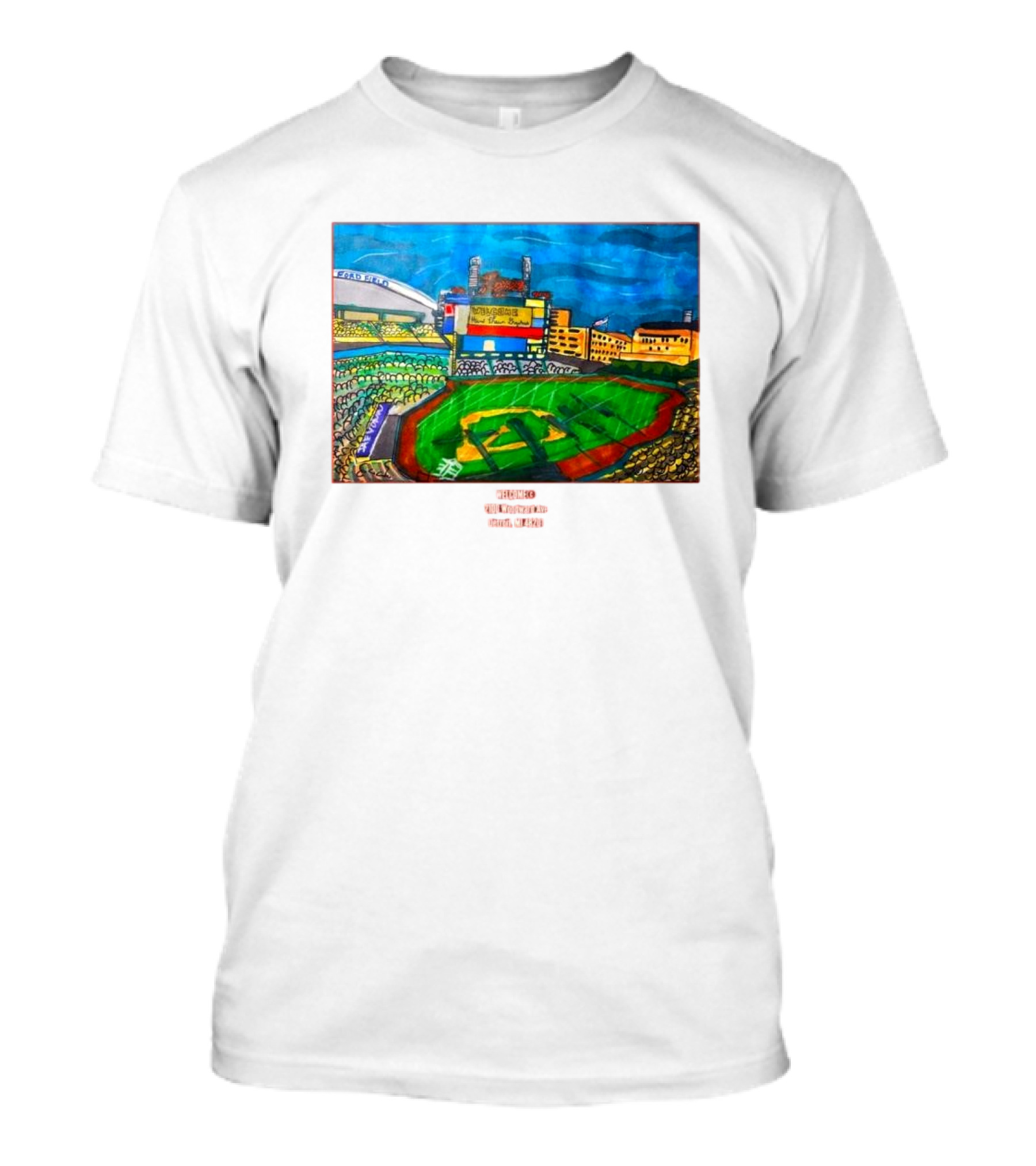 Welcome Comerica Park Stadium 2100 Woodward Ave Detroit MI 48201 Vibrant Baseball Stadium Art Detroit Michigan T-Shirt
