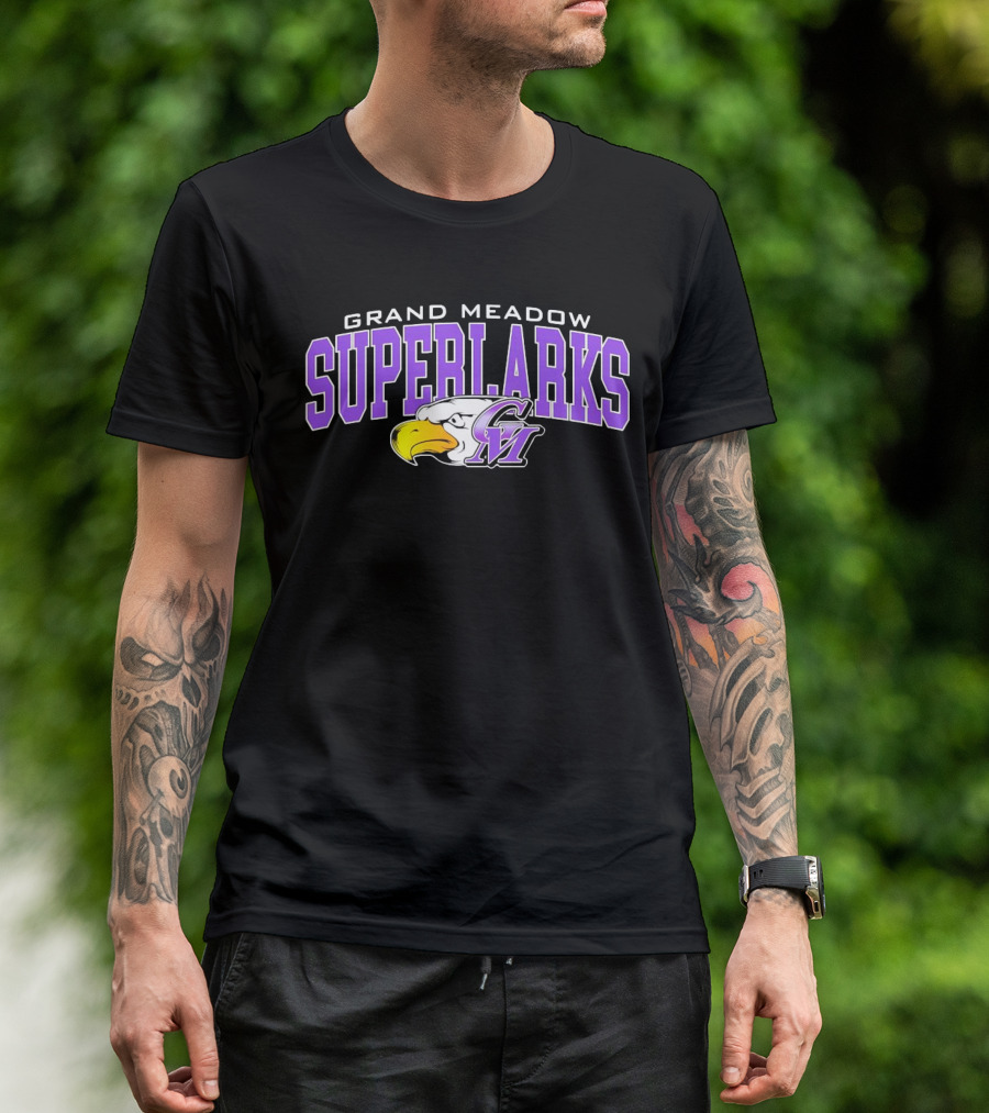 Grand Meadow Superlarks GM Eagle Logo Purple And Yellow T-Shirt
