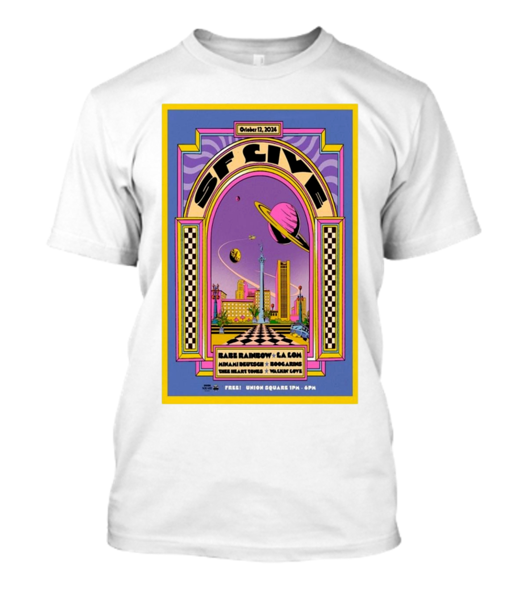 October 12 2024 SF Live Free Union Square Babe Rainbow La Lom Miriam Dufour Hook Arms Blue Heart Noon Galaxy Love T-Shirt