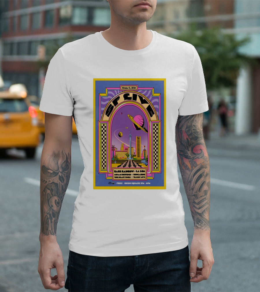 October 12 2024 SF Live Free Union Square Babe Rainbow La Lom Miriam Dufour Hook Arms Blue Heart Noon Galaxy Love T-Shirt