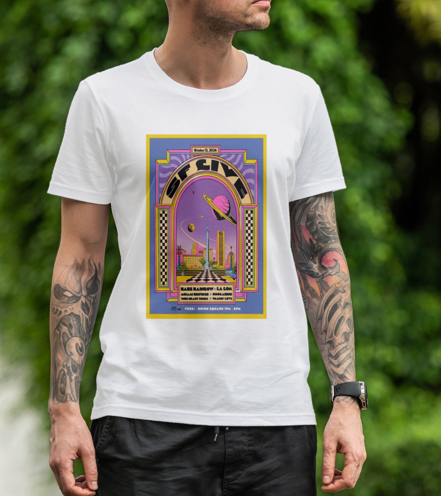 October 12 2024 SF Live Free Union Square Babe Rainbow La Lom Miriam Dufour Hook Arms Blue Heart Noon Galaxy Love T-Shirt