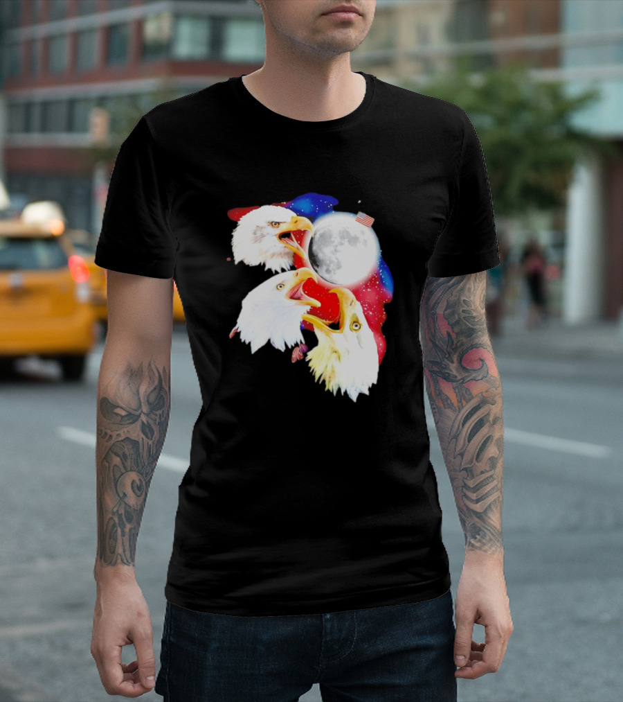 Three Eagles To The Moon American Flag Lunar Trio T-Shirt