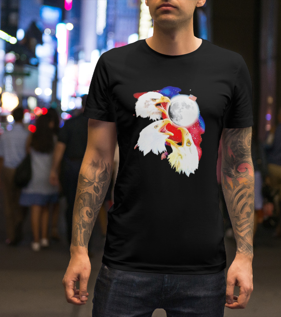 Three Eagles To The Moon American Flag Lunar Trio T-Shirt